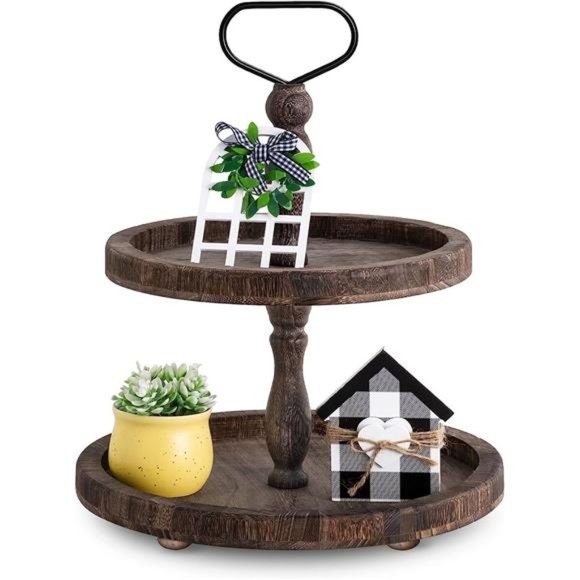 Rustic Wooden 2Tiered Tray,Round Farmhouse Kitchen Table Decor Serving Tier Tray - Picture 1 of 6